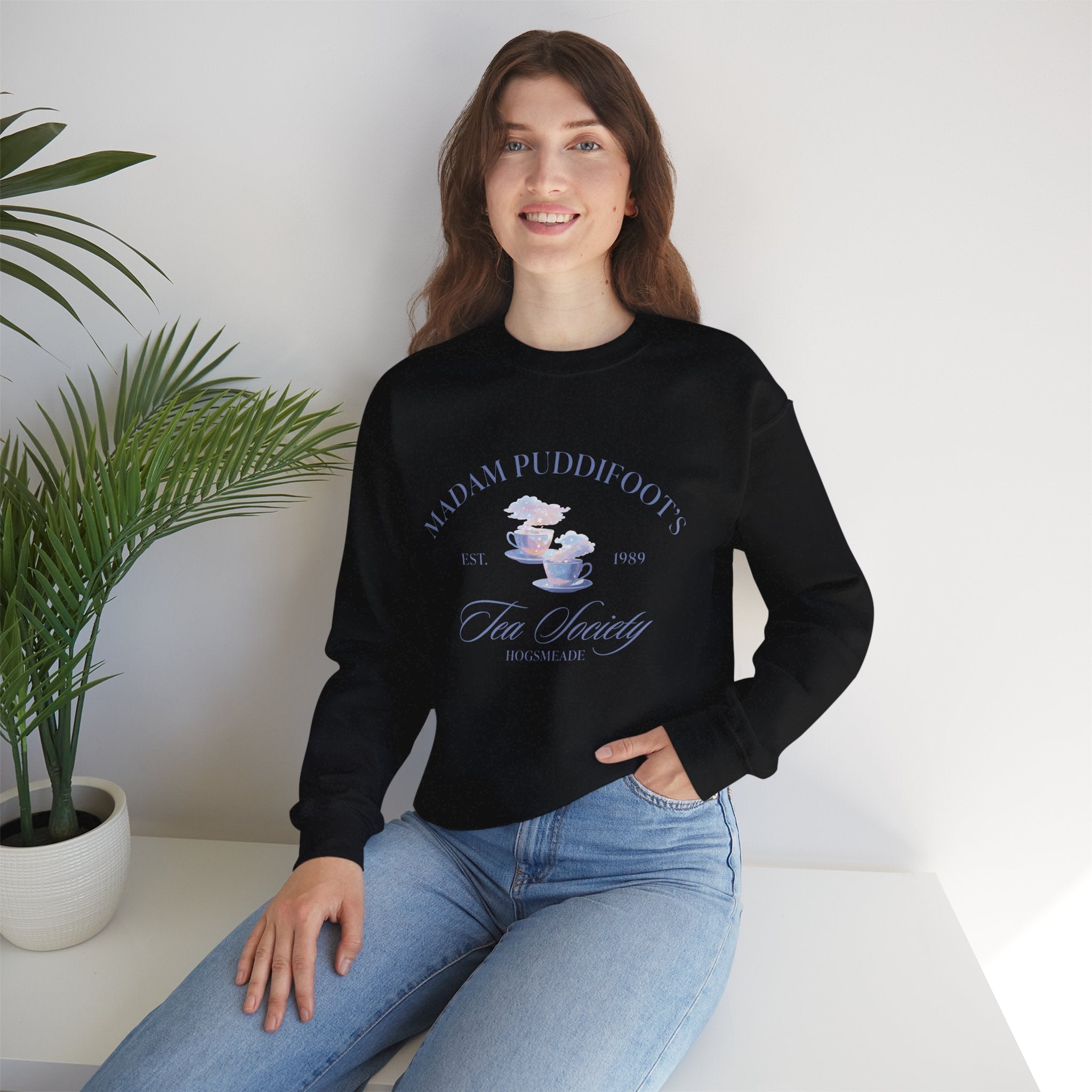Magical Tea Society Black Crewneck – Cozy Fantasy Cottagecore Sweatshirt for Book Lovers | Winter Holiday Christmas Gift