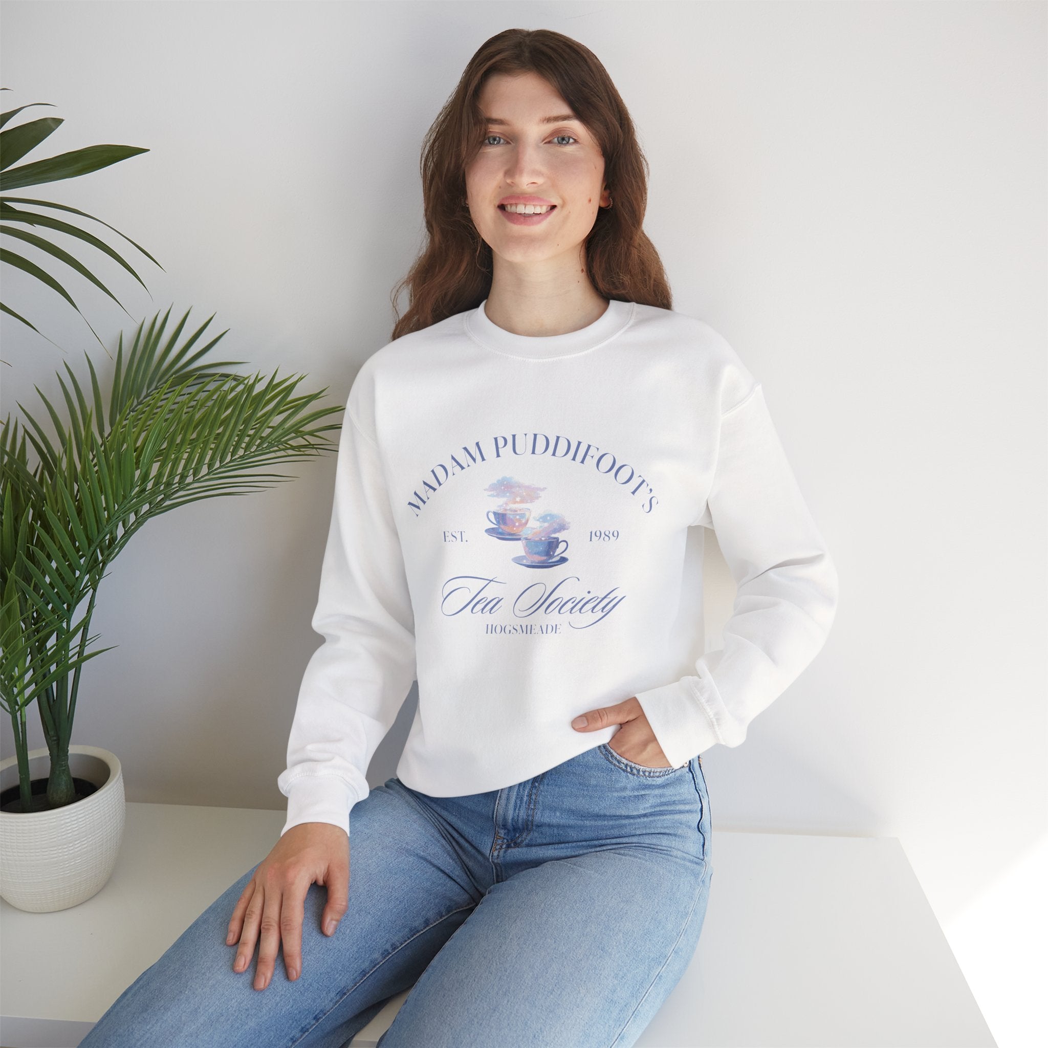 Magical Tea Society White Crewneck – Cozy Fantasy Cottagecore Sweatshirt for Book Lovers | Winter Holiday Christmas Gift