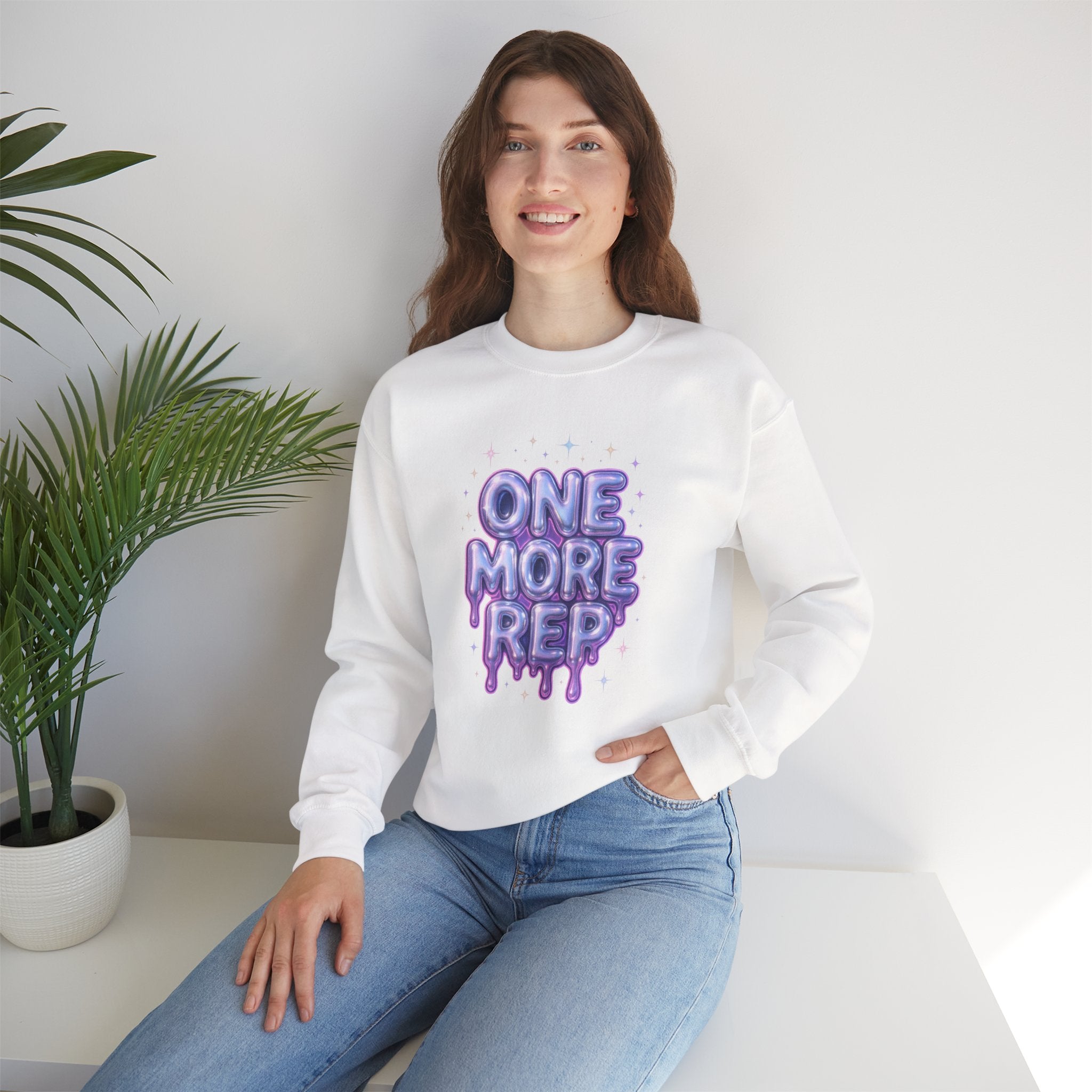 One More Rep White Crewneck Sweatshirt – Pastel Motivational Gym Sweatshirt for Women | Y2K Fitness Aesthetic | Cute Workout Gift for Gym Lovers